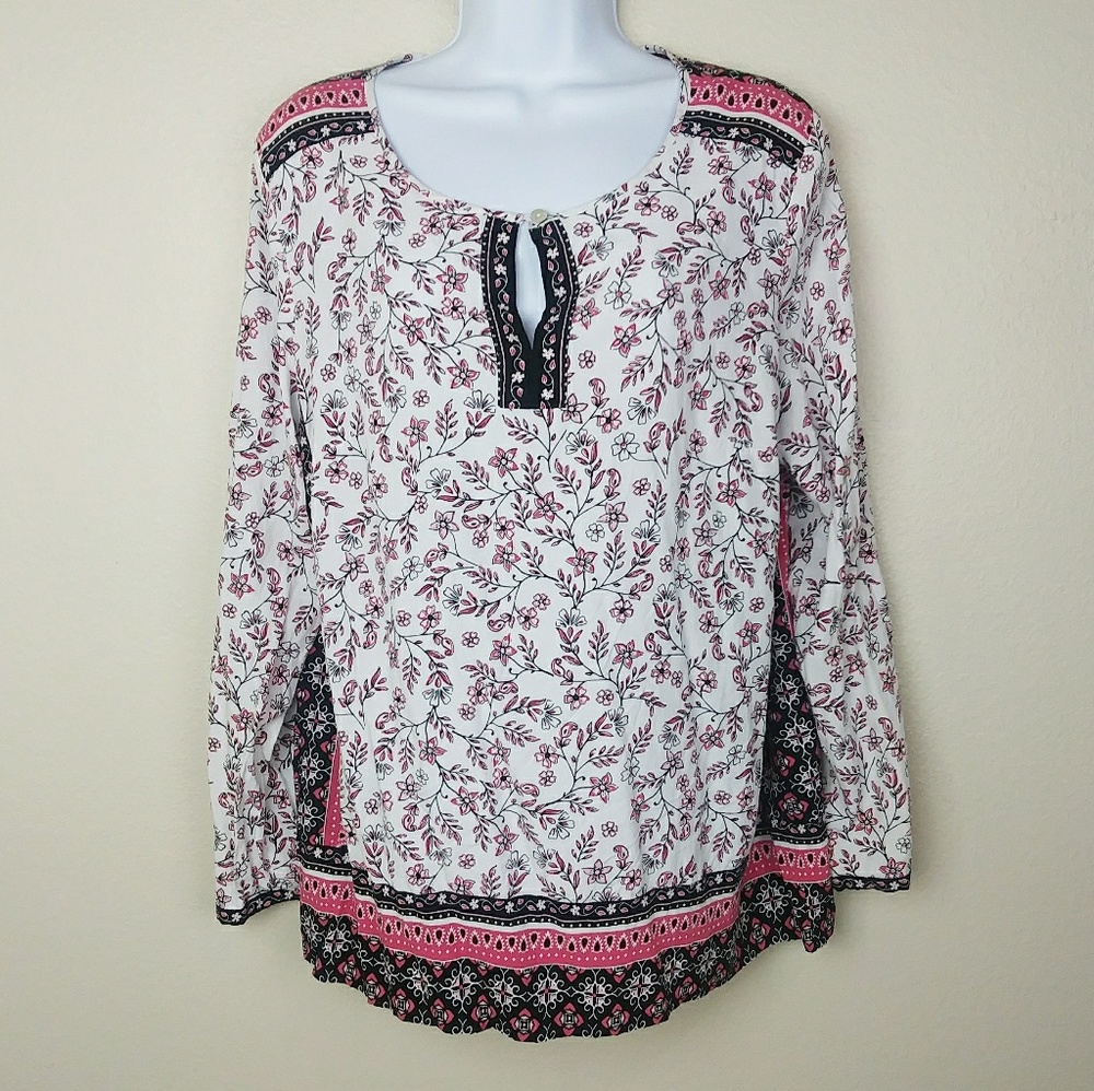 J. Jill Floral Pink Black White Top Women's Size M